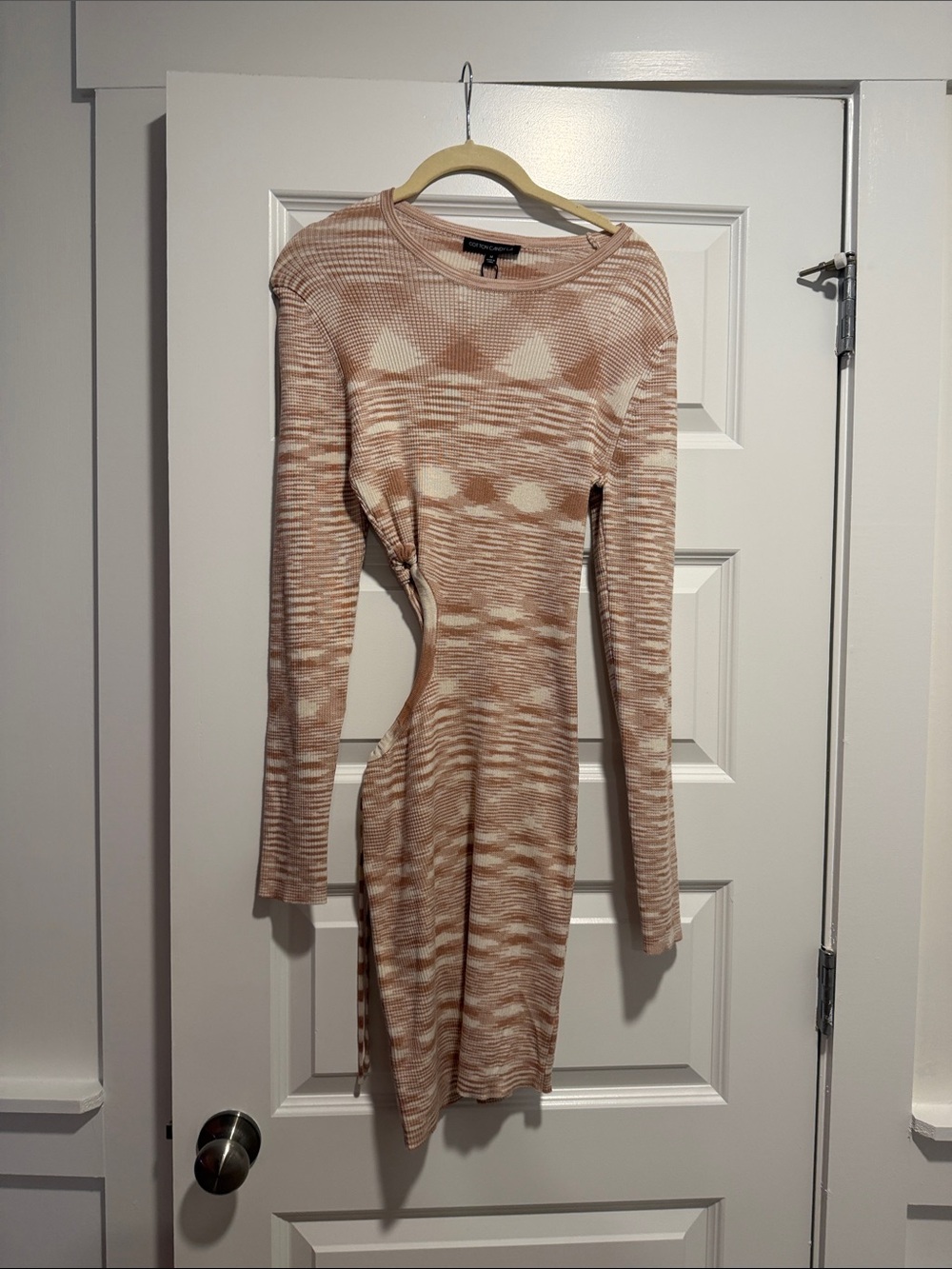 Cotton Candy Long-Sleeve Beige & Cream Knit Dress
